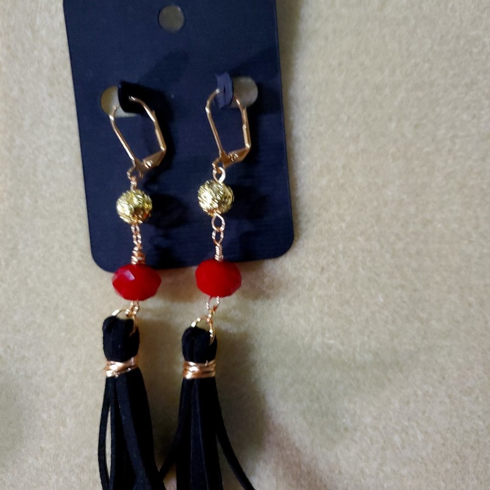 Black Suede, Red, Gold Wrapped Tassel Earrings.